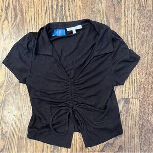 Antistar Black Crop Top Collared Tie Classic Normcore Cinch Women's Size Small